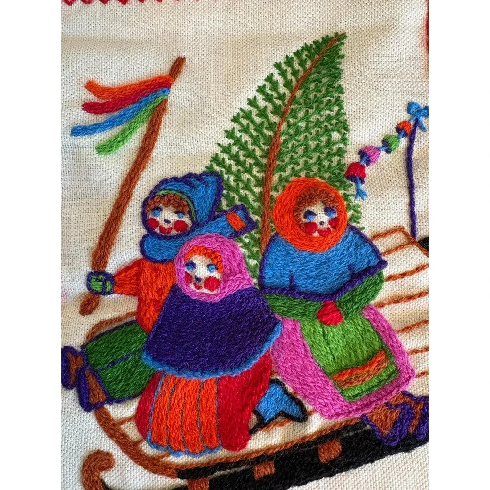 Vintage Scandinavian Crewel Embroidered Wall Hanging Folk Art Christmas 8